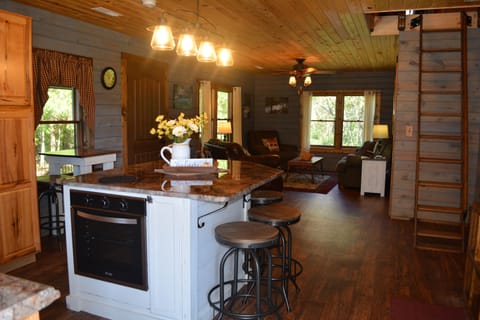 Kitchen island includes small oven for meal prep and baking. Island seats 4.