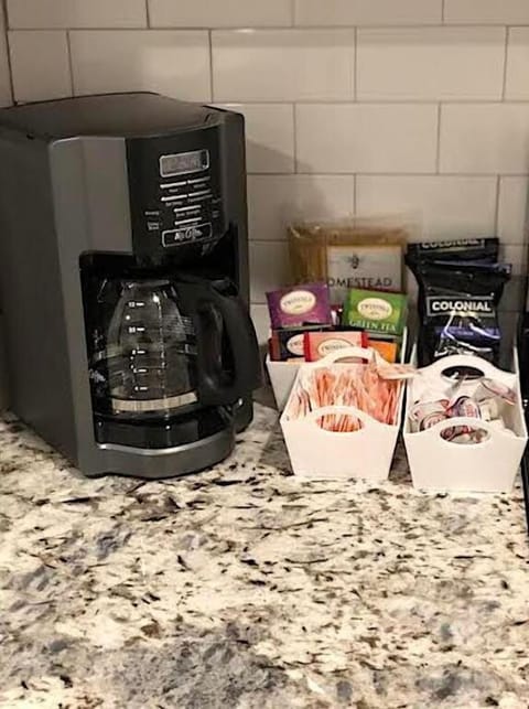 Colombian coffee, variety of teas and honey sticks for your morning brew!