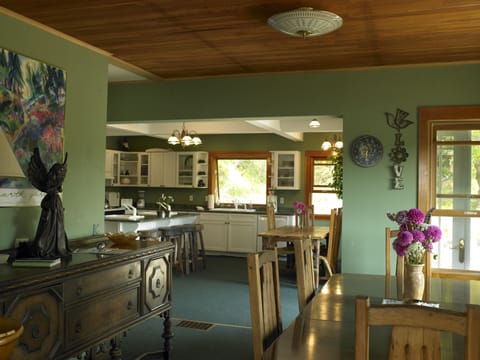 View through the large dining room into the 400 square foot kitchen