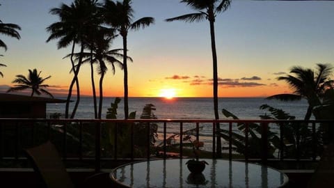 Sunset balcony view with glass‑top table, tropical plants, and ocean horizon.