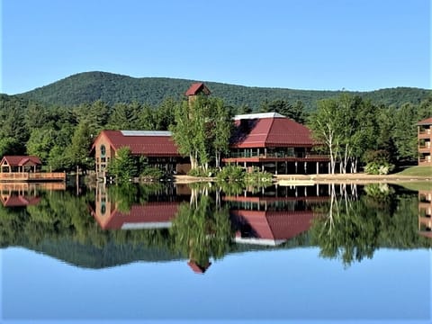 Rec center with 2 beaches. View from nature trail around lake.