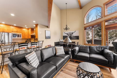 Living area featuring a large gas fireplace, TV, ample seating including a twin sleeper sofa, and sweeping mountain views!