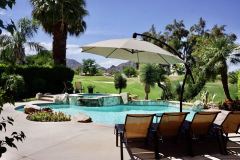 Mountain views, outdoor heaters, outdoor, covered seating,  heated pool & spa.  