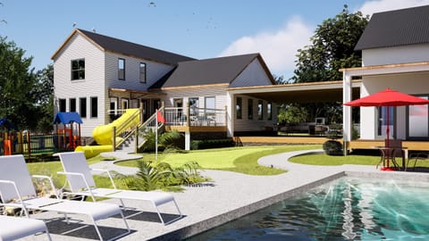 rendering of future outdoor kitchen connecting the new addition to the original farmhouse and the pool