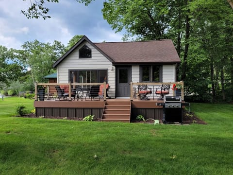 Our cozy cabin with a large deck.