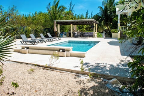 Pool and lounge area with gazebo,BBQ grill and a fire place.
