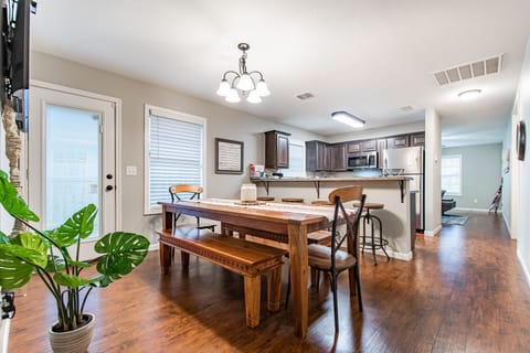 Tons of seating around the table for friends and family.