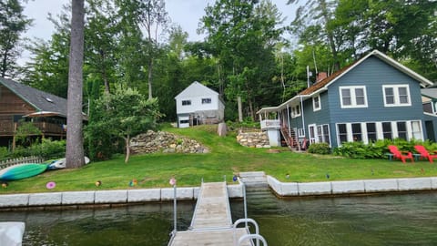 from the dock (cottage on right, owner's garage up top)