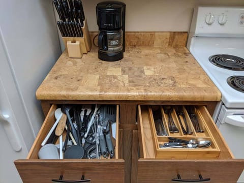 Coffee Maker, Knife Set, Silverware, and  Cooking Utensils