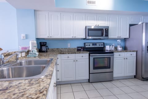 Fully stocked kitchen.