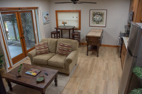 Downstairs living & kitchenette area with doors to patio and backyard