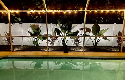 Pool area at night.