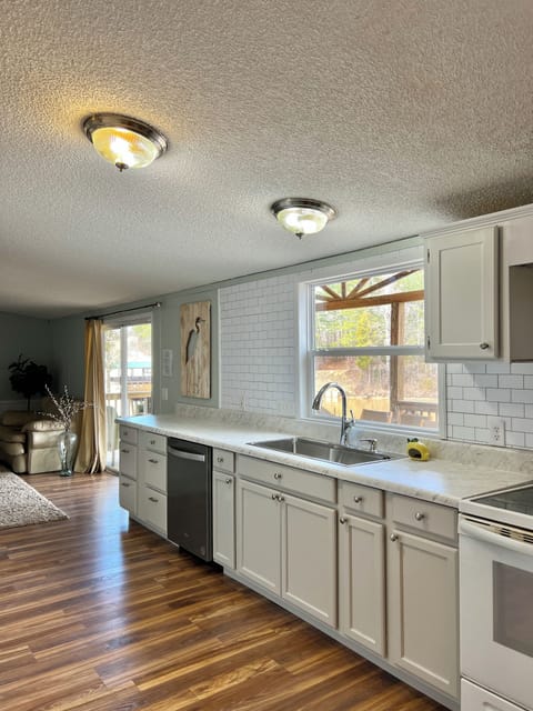 Kitchen with huge sink and garbage disposal. View of the lake from window