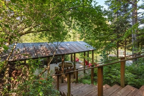 Stairway to the amazing beach area, boat dock and teepee