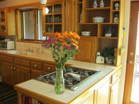 view of fully furnished kitchen, coffee maker, microwave, toaster oven and more