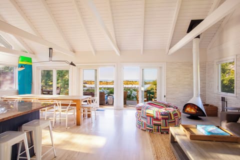 light filled great room with amazing views over both the pond and the bay. 