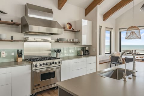 Upper unit Viking stove & gas range; dishwasher and ice maker next to sink