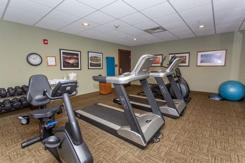 Cardio equipment including treadmills and a stationary bike.