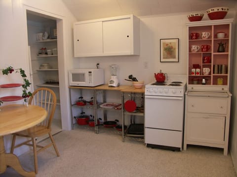 Upstairs Kitchen has stove, fridge, microwave, dishes & spices.