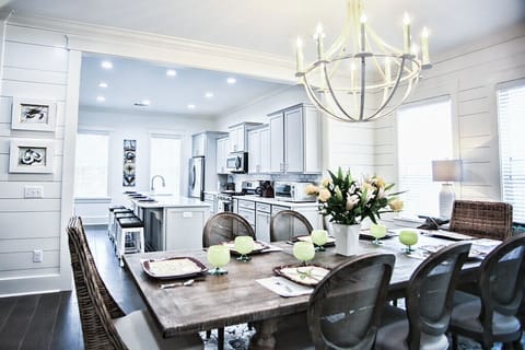 View of dining area into kitchen.