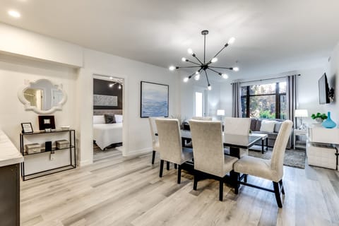 Open concept kitchen, dining and living area. 