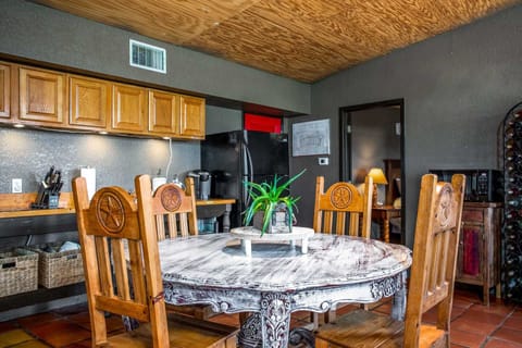 You'll find a fridge and freezer, convection oven, stove top, microwave, two kinds of coffee makers, and a toaster and crock pot in the country kitchen.