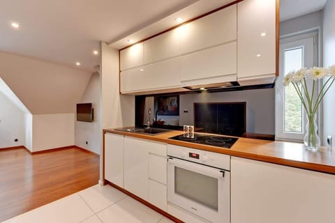 Kitchenette with oven and refrigerator. 