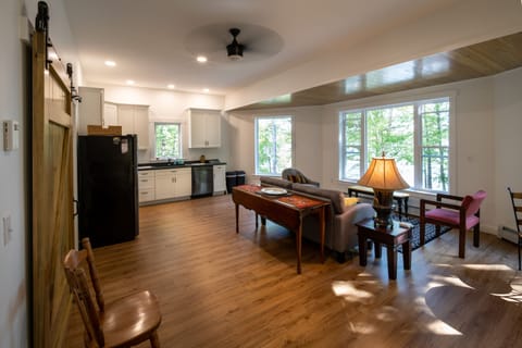Beautiful panoramic view of the water, woods and giant granite boulders