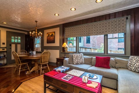 Living room, dining room and kitchen are an open space that opens to a patio 