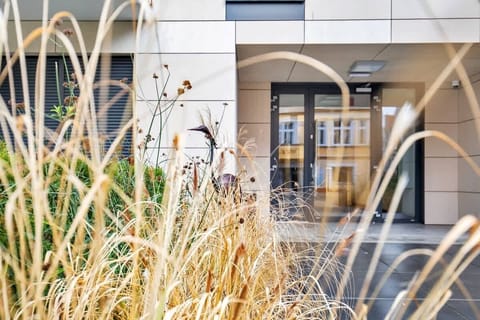 A view of the building’s exterior framed by decorative plants. Large windows and balconies give the building a contemporary and elegant look.