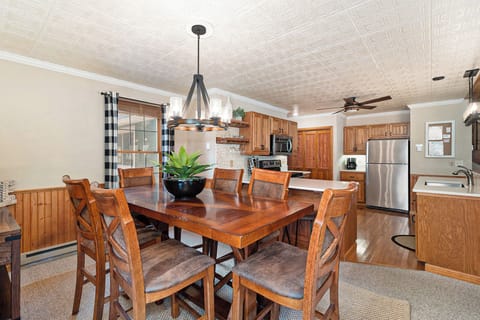 Large dining table seats six comfortably