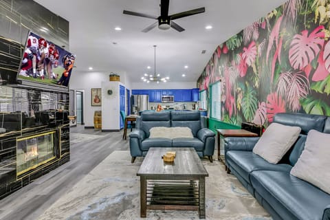 Enjoy the roaring fireplace in comfort.