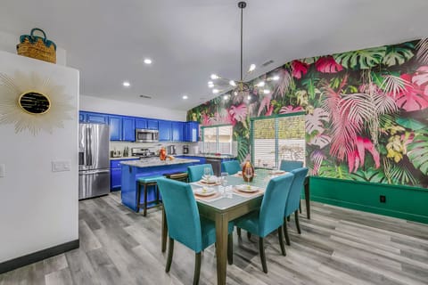 Beautiful accent lighting above dining table will help set the mood.