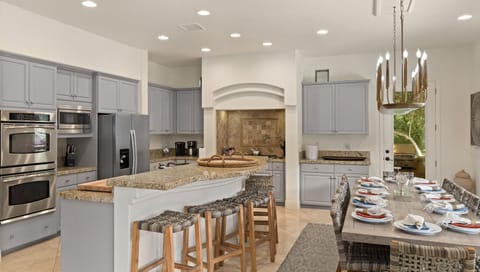 Kitchen barstools and dining table seating for 16