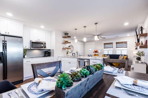 Dining seating for six; two counter stools