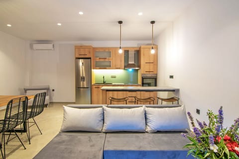 Fully equipped kitchen and living area of Spectacular Sea View Villa,Near Taverns & Sandy Beaches