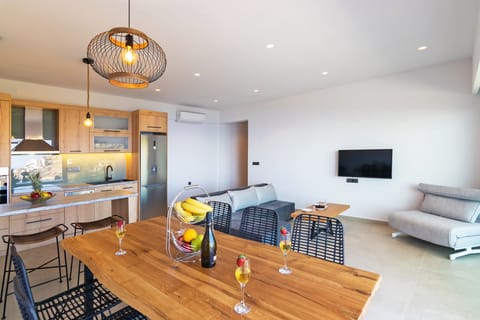 Modern fully equipped kitchen and living area of Spectacular Sea View Villa,Near Taverns & Sandy Beaches