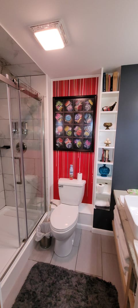 The pocket door for the bath is a repurposed vintage outside door from our home.