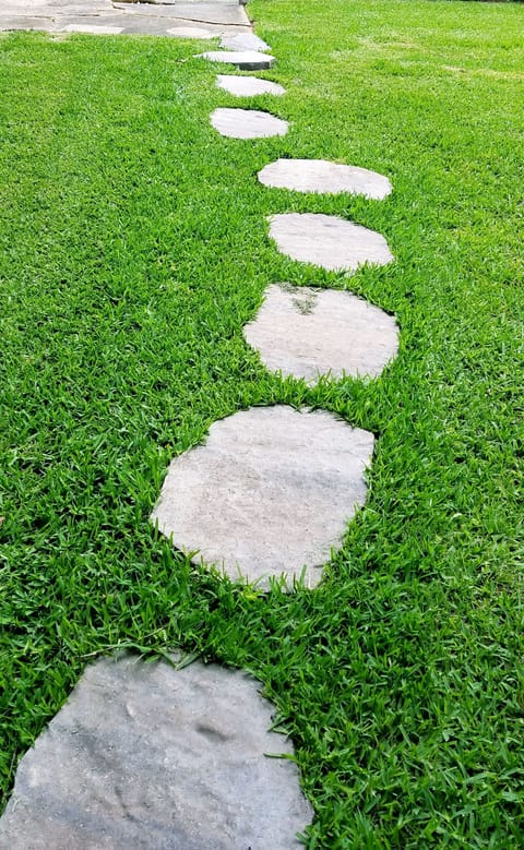 Stone pavers lead to the front door