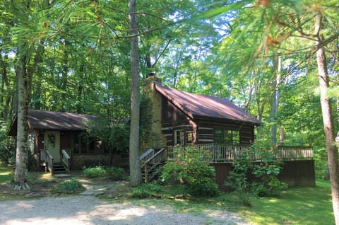 Historic log cabin exterior with stone chimney, wraparound wooden deck, surrounded by dense green trees.