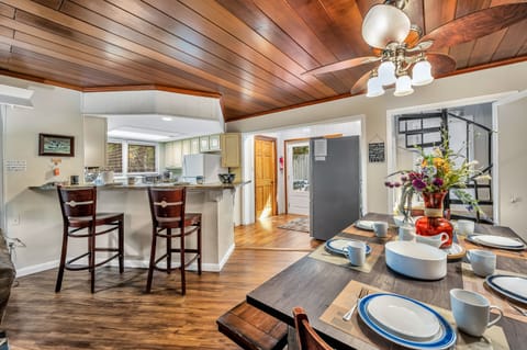 Kitchen area in main room. View to outside and hot tub. 