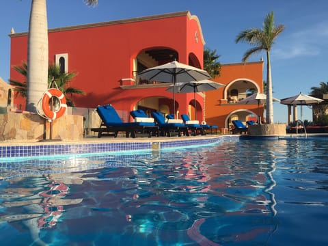Large pool, steps from villa.
Long enough for laps.