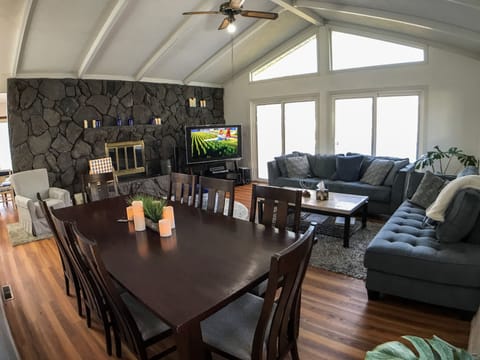 Great room- fireplace, sleeps 2 on queen sleeper sofa, 1 on twin lounger couch.