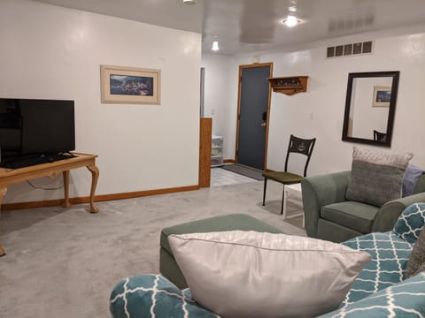 45" Wifi TV, be sure to log out, has some free channels, keyless entry.  