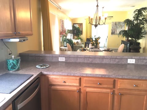 View from Kitchen to Dining Area and beyond. Patio access to the left with BBQ.