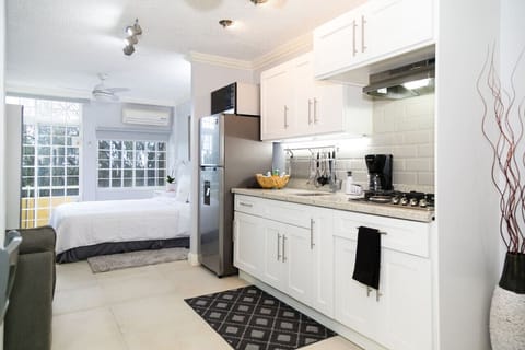 Bright studio w/ compact kitchen, white cabinetry & comfy bed near sunlit French doors
