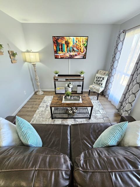 Cozy Living Room, Leather sleeper sofa, 55 inch TV, Large Window