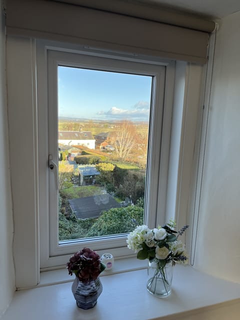Open country view from rear window of bedroom with king sized bed