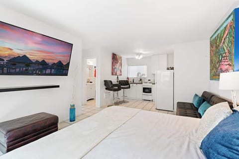 65" Large New TV; Cable. Cooking range shown in this photo is replaced by a dual electric stove and an air fryer.