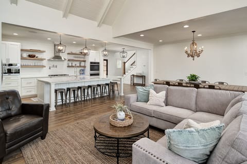 Living room, kitchen, and dining room